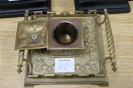 A Victorian coromandel and brass box, two lions and an inkwell height 15cm width 28cm